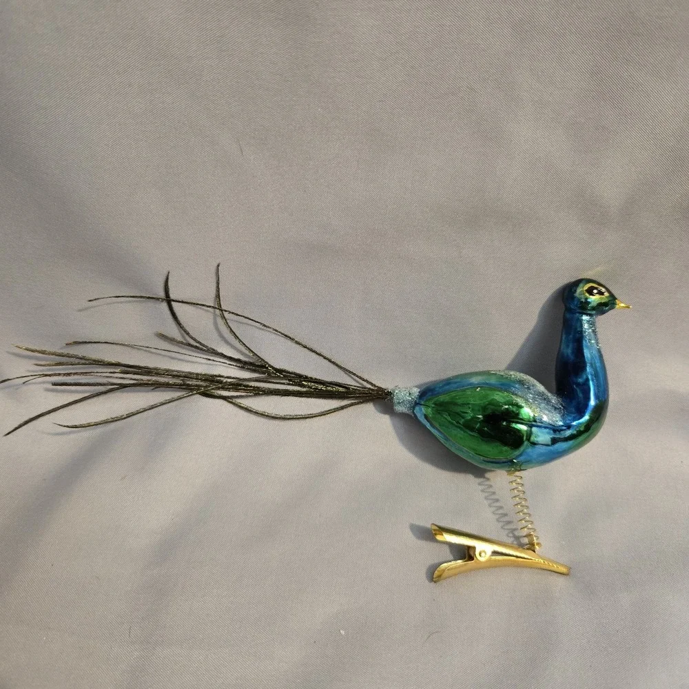 Glass Peacock Clip On Christmas Ornament Glitter Real Partial Tail Feather
